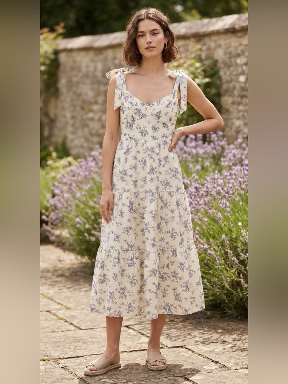 TRIXXI Floral Tie-Shoulder Midi Milkmaid Dress White Blue/Lavender Print Size XL